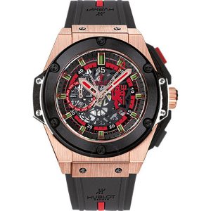Cheap Fake Hublot King Gold Skeleton Dial Chronograph Black Rubber Men's Watch 716OM1129RXMAN11