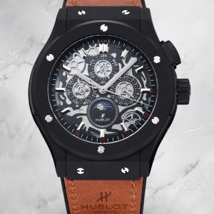 Luxury Replica Hublot Classic Fusion Moonphase Skeleton Dial Brown Strap Watch — Black Steel Case