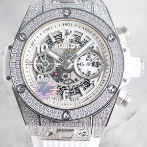 Luxury Swiss Hublot Big Bang Unico Replica Diamonds Bezel 42mm Watch – Skeleton Dial, White Rubber Strap