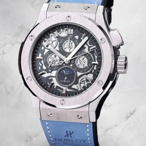 Luxury Hublot Classic Fusion Replica 45mm Skeleton Dial Moonphase Blue Leather Strap Watch